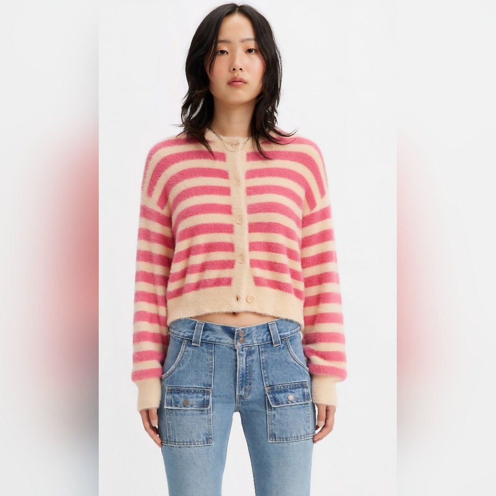 NWT Levi’s Fuzzy Texture Cat Cardigan in Pink and Cream Stripe Sz X-Large